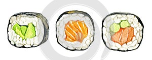 Sushi rolls set, isolated on white background, watercolor