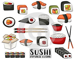 Sushi and rolls set. Japanese cuisine concept. Icons and objects for asian restaurant menu or advertisement.