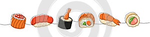Sushi and rolls set. Japanese cuisine, traditional food one line drawing. Ikura sushi, tobiko maki, sake nigiri, shrimp photo