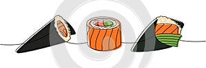 Sushi rolls set. Japanese cuisine, traditional food one line drawing. Sake hand roll, sake temaki, philadelphia sushi