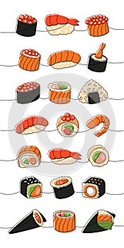 Sushi rolls set. Japanese traditional food one line drawing. Ikura sushi, tobiko maki, philadelphia roll, onigiri