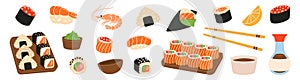 Sushi and rolls set. Sushi rolls. Tobiko maki, philadelphia roll, onigiri, shrimp nigiri, tekkamaki tuna roll, futomaki