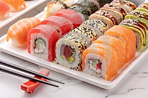 Sushi rolls set on a white square dish and chopsticks on a white stone background.