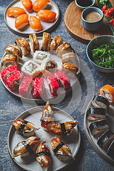Sushi and rolls sets. Japonese food. top view photo