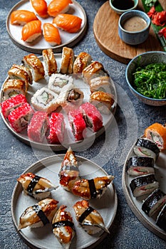 Sushi and rolls sets. Japonese food. top view