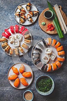 Sushi and rolls sets. Japonese food. top view