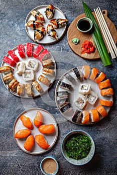 Sushi and rolls sets. Japonese food. top view