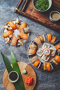 Sushi and rolls sets. Japonese food. top view photo