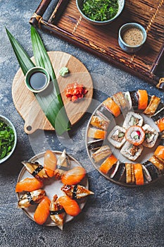 Sushi and rolls sets. Japonese food. top view photo