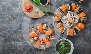 Sushi and rolls sets. Japonese food. top view