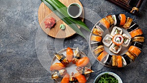 Sushi and rolls sets. Japonese food. top view