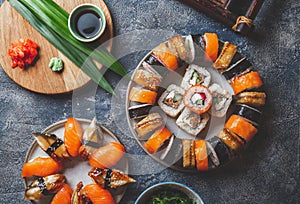 Sushi and rolls sets. Japonese food. top view