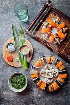 Sushi and rolls sets. Japonese food. top view