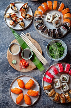 Sushi and rolls sets. Japonese food. top view