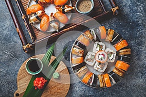 Sushi and rolls sets. Japonese food. top view photo