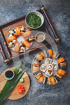 Sushi and rolls sets. Japonese food. top view