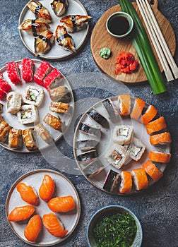 Sushi and rolls sets. Japonese food. top view