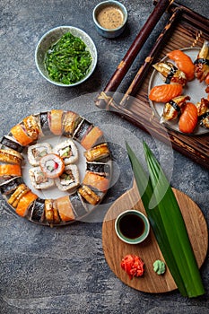 Sushi and rolls sets. Japonese food. top view