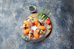 Sushi and rolls sets Japonese food. top view gray background