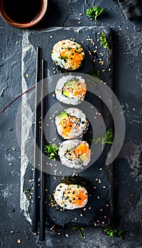 Sushi rolls on a slate plate with chopsticks