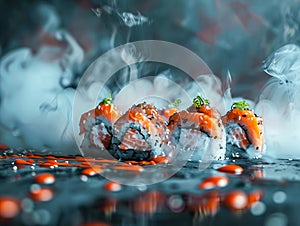 Sushi rolls with smoke coming out of them