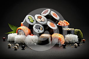 sushi and rolls studio photo of products, dark black background.