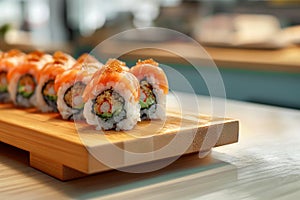 Sushi rolls on a tray in restaurant. Fresh and tasty sushi rolls, Japanese cuisine, traditional delicious Japanese dish. Sushi,