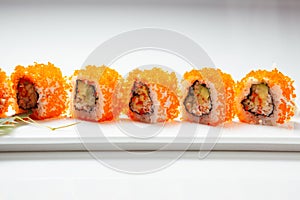 Sushi rolls white background Japanese cuisine