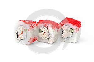 Sushi rolls with white fish, cucumber and tobiko caviar isolated on white background.