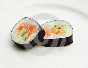 Sushi with the salmon and avocado