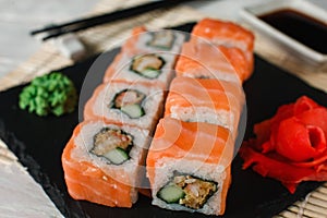 Sushi with salmon, closeup. National Japanese food