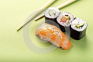 Sushi salmon nigiri and cucumber roll
