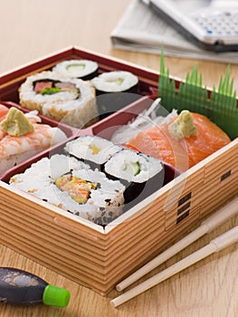 Sushi And Sashimi In A Take Away Bento Box