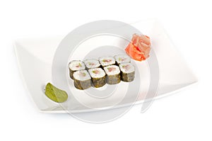 Sushi with a sea bass on a plate