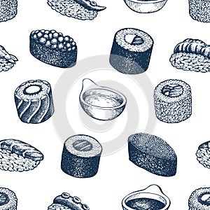 Sushi seamless pattern. Japanese cuisine hand drawn vector illustrations. Asian food background