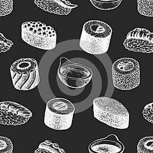 Sushi seamless pattern. Japanese cuisine hand drawn vector illustrations on chalk board. Asian food background