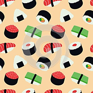 Sushi seamless pattern, vector illustration. Japanese traditional food.