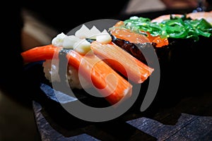 Sushi or seaweed sushi ,fish sushi or seaweed rolls and fish rolls or rice topped with seaweed or kanikama rolls