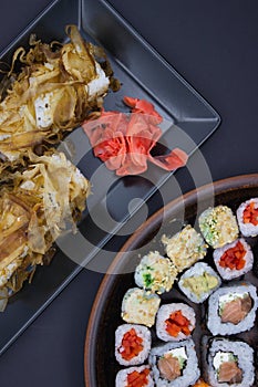 Sushi Selection with Pickled Ginger and Bonito Flakes