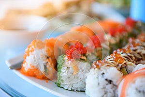 Sushi is served on a dish. Ready for eating