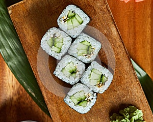 Sushi served with wasabi, ginger and soy sauce