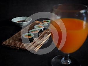 Sushi served with wasabl salsal,a popular and widespread dish of Japan.