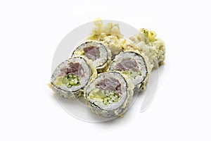 Sushi set, 6 piece. Tempura futomaki with tuna, cucumber, oshinko, isolated. Packshot photo for restaurant menu.