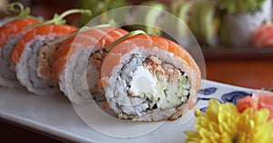 Sushi set, asian food on plate. Japanese sushi roll on white plate. Asian Food sushi restaurant close up. Sushi as ideal