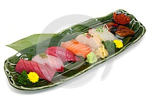 Sushi Set assorted nigiri platter on plate white background with