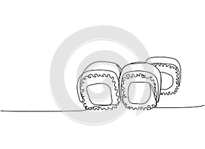 Sushi set, cheese roll, cream cheese, vegetarian roll one line art. Continuous line drawing of sushi, japanese, food