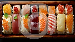 sushi set close-up top view in the form of an advertisement