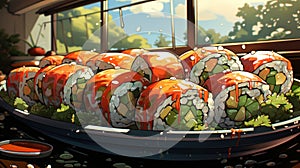 sushi set close-up top view in the form of an advertisement