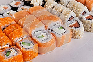 Sushi set, different kinds, philadelphia salmon, sesame seeds