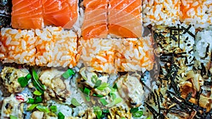 Sushi Set gunkan, nigiri and rolls close up